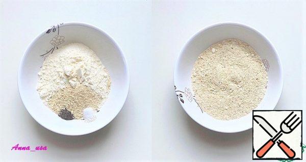 In a separate bowl, mix the breadcrumbs, Parmesan, salt and pepper.