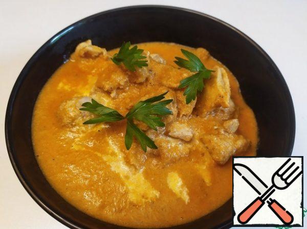 It goes well with rice. You can also add herbs and pour a little fresh cream.

Bon appetit.