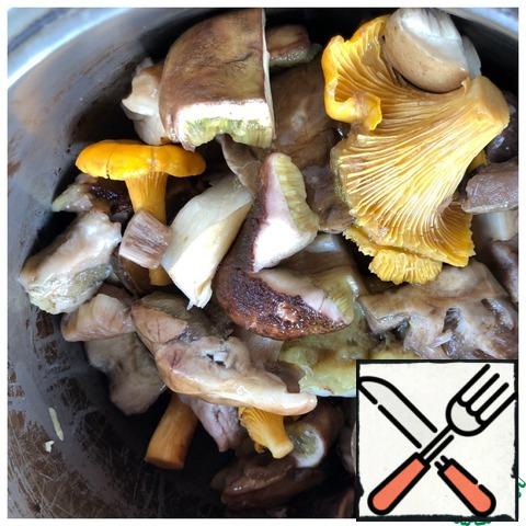 Collect mushrooms in the forest. Wash and clean. Cut at random. It is better to take mushrooms for caviar: white, boletus, aspen and chanterelles. Weight 350 g of pure mushrooms. Put them in a saucepan, pour 100 ml of water and cook over low heat, removing the foam for 30 minutes.