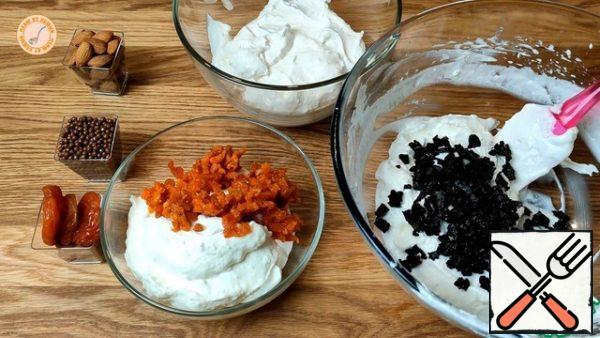 Dissolve the gelatin. Beat cream with powdered sugar. Add the yogurt to the gelatin. Add the cream. Divide into 3 parts, add dried fruits