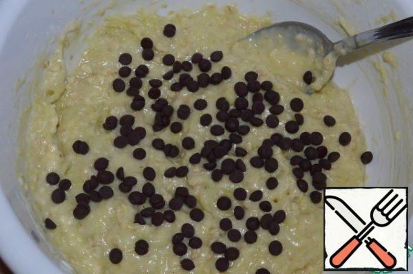 Add the melted butter and chocolate drops and mix.
Bake waffles in an electric waffle iron.