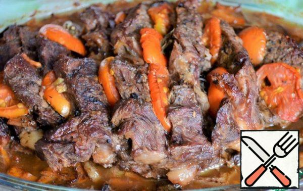 Cover with foil, place in the oven, and bake for 2 hours.
Open the foil, add heat to 200 degrees, hold in the oven for another 10-15 minutes.