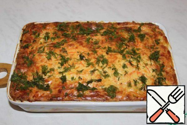 Bake at 180 degrees for 45-50 minutes. Sprinkle with dill. Served both cold and hot.