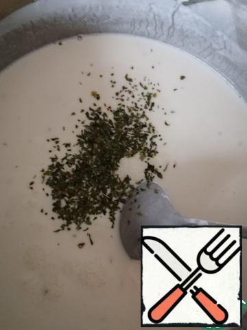 Mix the yogurt with flour, add warm water and let it boil while stirring intensively. Add mint to taste.