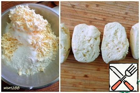 Cottage cheese and butter, chilled (from the refrigerator). Grate the butter. To prepare the dough, combine all the ingredients. Knead the dough and let it rest for 20 minutes in the refrigerator. Divide the dough into four parts.