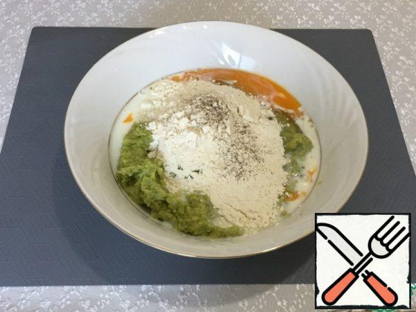 Add the egg, milk, baking powder and flour to the broccoli.