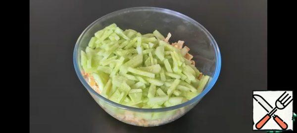 Cut the cucumbers into strips.  Cut the egg pancakes into strips.  Place all ingredients in a bowl.