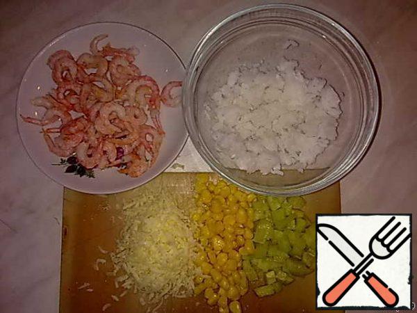 Here are all our ingredients.  The cucumber should be peeled and cut into cubes, the cheese should be grated on a fine grater.
