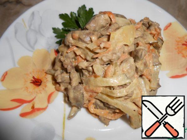 Add mayonnaise, salt, pepper, mix and our salad is ready.