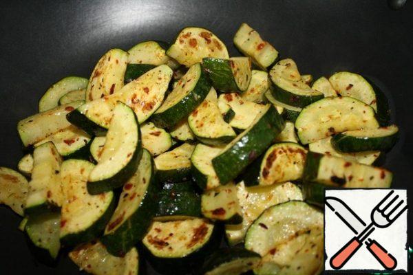 Put the zucchini in a deep frying pan.