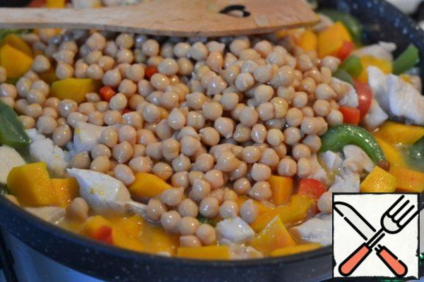 I have canned chickpeas. Drain the liquid and add to the stew. Stir and simmer for another 5 minutes.