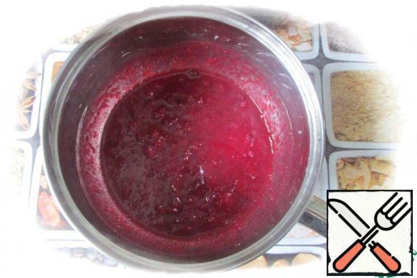 Put the cranberries in a saucepan. If the cranberries are frozen, you DON't need to defrost them. Pour 50 ml of water and put on fire, bring to a boil and cook for 5 minutes until the berries start to burst.
Remove from the heat, crush the cranberries and add honey, adjika, soy sauce and vegetable oil. Stir.