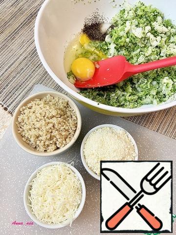 Add eggs, quinoa, mozzarella, Parmesan, salt and pepper to the chopped vegetables.