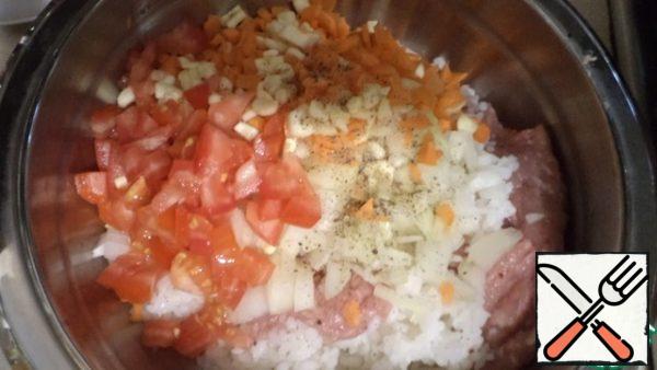 Add to the minced meat finely chopped onions, carrots, tomatoes, rice, salt and black pepper and mix.