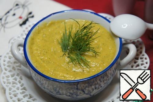 Ready soup-puree pour on plates and serve to the table. Very tasty and healthy dish.