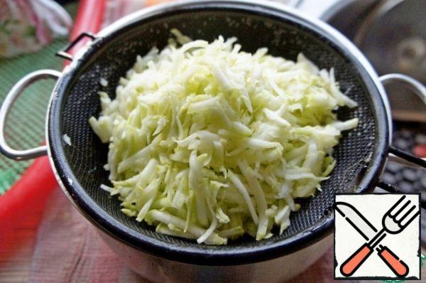 Wash the zucchini if the skin is rough, peel and grate on a coarse grater. Put in a colander and squeeze out excess moisture.