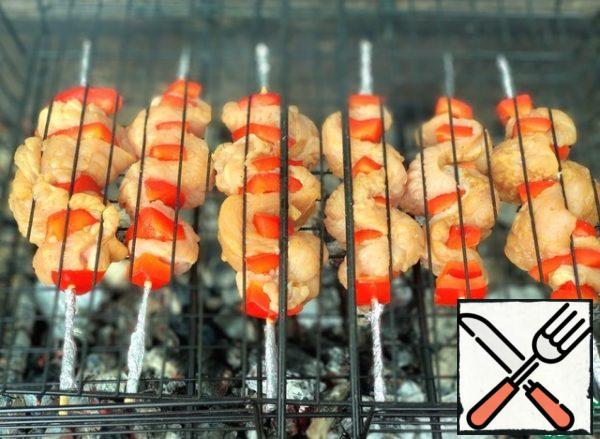 Spread the skewers on the grill. I wrapped the tips of the skewers in foil so they wouldn't burn.