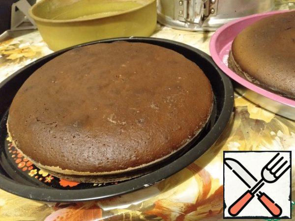 Soda or baking powder dough fall asleep with flour. Sifting the flour, gradually add it to the dough, whisking to make the sponge cake more lush. The dough should turn out like a thick sour cream.
The form is greased with butter and sprinkled with a thin layer of flour. This is necessary so that the cakes are easily separated from the walls of the mold.
Pour the resulting dough into the mold.
Preheat the oven to 180-200 degrees. And put the currant cake to bake for 40-60 minutes. I watch the crust turn dark - ready. This crust, before covering with cream, is cut off. You can also pierce the cake in the center with a wooden stick - if the dough does not stick to the stick, then it is ready.
I also baked these cakes in a multi-cooker 20 cm in diameter, on the baking program, about 60-70 minutes I managed to bake. But in a slow cooker, the crust on top is less than in the oven.
In the photo, two such cakes for a cake from the oven. I baked two because I wanted the cake to be big and tall for the DR. But it is quite possible to bake one.