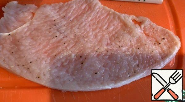 Beat off each piece a little, season well with salt and pepper.