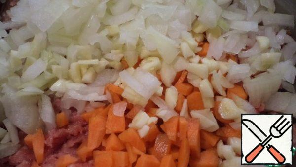 Add to the minced meat finely chopped carrots, onions, garlic, parsley, ground pepper and coriander, salt.
Move everything carefully.