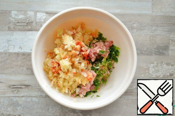 Add the minced vegetables from the previous step, chopped coriander (or other herbs), salt and mix.