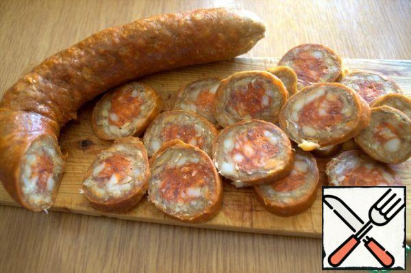 For the filling, I chopped a spicy chorizo sausage with spicy paprika...