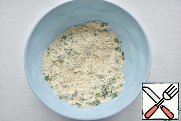Rub the flour and butter with your hands until crumbs form. add finely chopped parsley and salt.