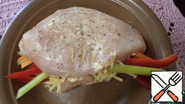 Chicken Breasts, fold in half and secure.

Top with oil, salt and sprinkle with spices.