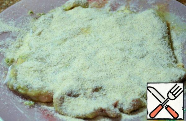Dip in the egg, pan in the dry-semolina mixture.