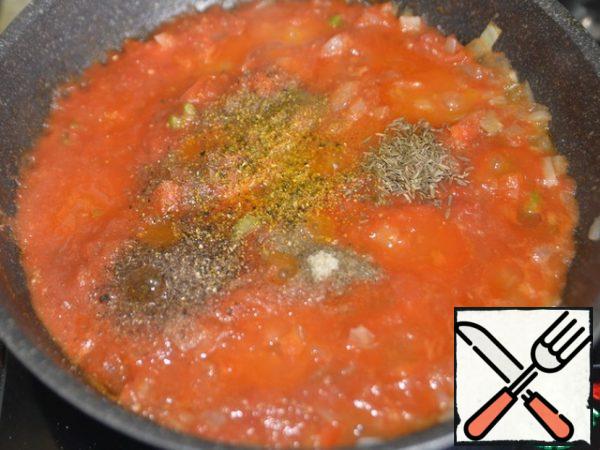 Add spices: cardamom, turmeric, coriander, cumin and cloves. Stir, add salt and sugar. Simmer uncovered for 5 minutes over medium heat.