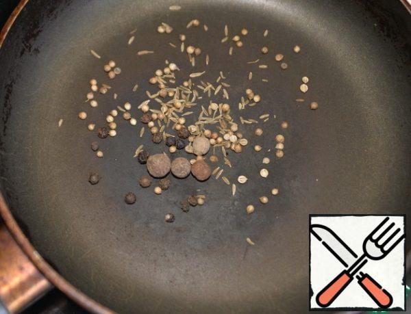 Put black pepper, allspice, cumin and coriander in a dry pan. Slightly warm up and RUB in a mortar, so the aroma of spices will be revealed more strongly.
