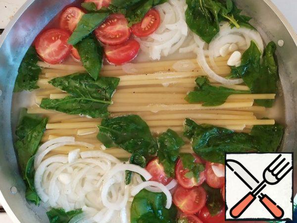 Drizzle with olive oil, salt and pepper, cover with water and put on fire.