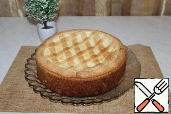 Leave the pie in the oven turned off for 2 hours, and then in the refrigerator for another 2-3 hours.