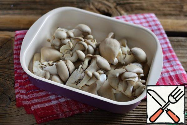 Wash oyster mushrooms and divide them into smaller pieces. Put in a heat-resistant form.