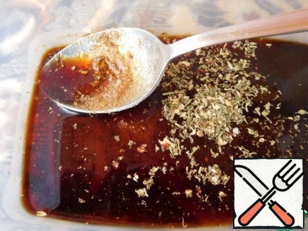 For the marinade, mix Narsharab soy sauce, salt, pepper and herbs (or seasoning for fish) - Provencal, Mediterranean.
