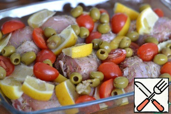 Put the olives on the chicken.