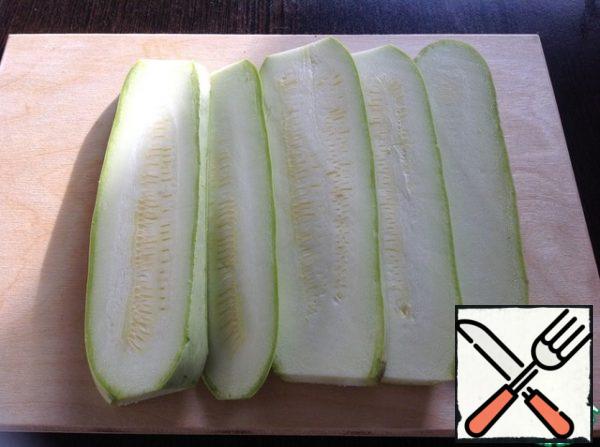 Zucchini also cut lengthwise or across.
