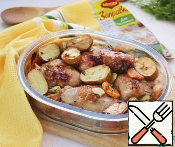 Cover the form with foil and put it in a preheated oven. Bake at 180* - 190* approximately 80-90 minutes, focusing on the features of your oven. Bake under the foil for 30 minutes, then remove it. Check the readiness on the potatoes, pierce it with a fork/knife, as soon as it becomes soft, the dish is ready.