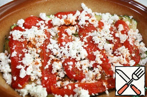 Top with pepper strips and also sprinkle with cheese and spices.