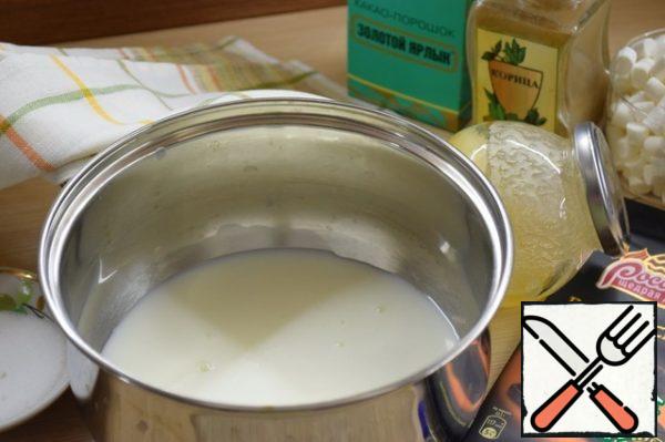 Pour the milk into the ladle, add honey, cocoa, salt and vanilla essence. Mix well.