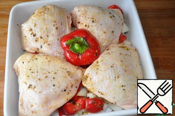 Put the form in the oven heated to 200 degrees. Bake until the chicken is browned for 50 minutes.
