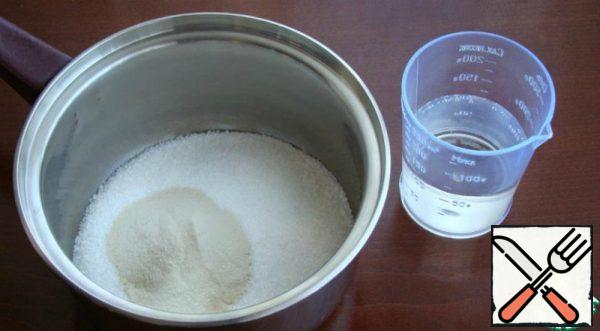 In a saucepan, mix sugar, agar-agar and water.