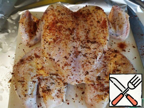 Now, on both sides, brush with olive oil, all the spices and salt.
