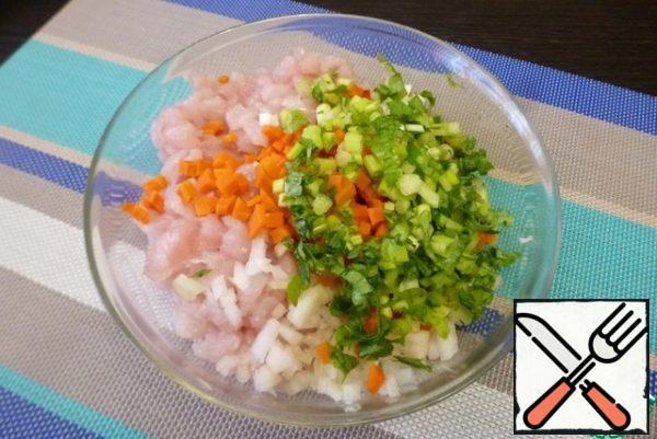 Add the cooled carrots and finely chopped green onions and parsley. Do not spare the greens, if there is Basil or coriander, then add it too.