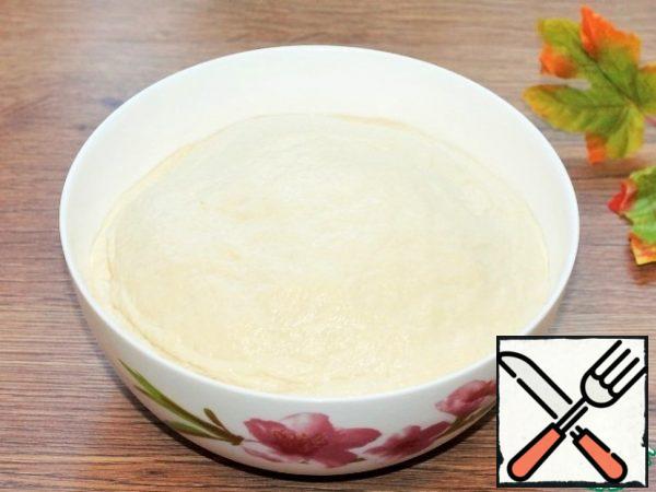 Grease the dough and bowl with vegetable oil (0.5 tbsp) and cover tightly with a lid or film. Put the bowl in a warm place to lift the dough 2.5 times, for 60 minutes.
