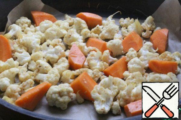 Form cover with parchment. Put the vegetables.
The oven is preheated to 200.
Bake for 20-25 minutes-focus on your oven!