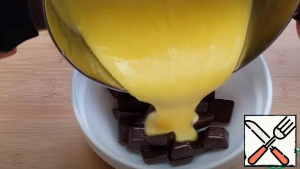 Pour the hot custard base over the chocolate and mix until smooth, then cool to room temperature.