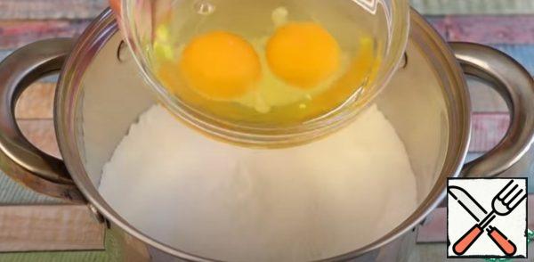 Then add a pinch of salt and two eggs, and beat until smooth.