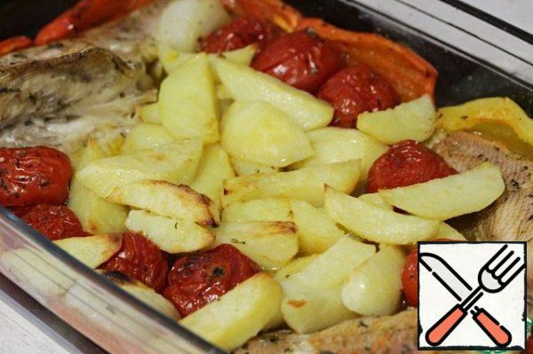 Remove the finished dish from the oven.