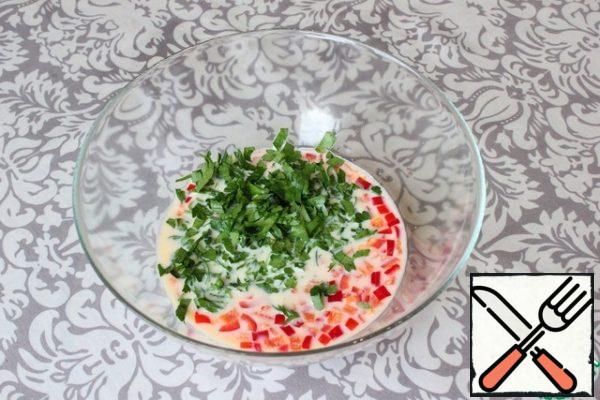 Next, add finely chopped parsley (pre-washed in water) to the bowl.
